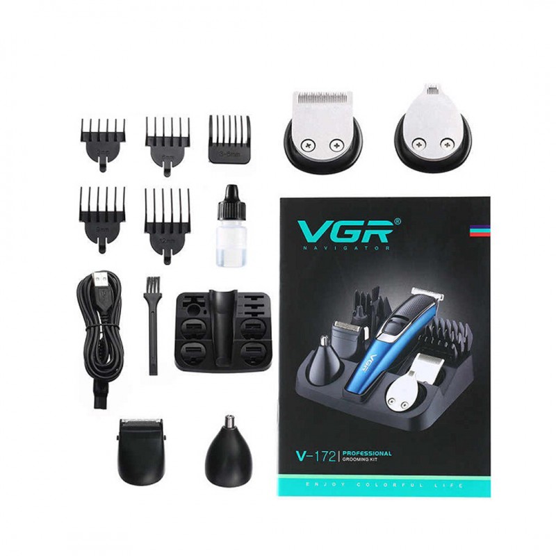 VGR® Επαγγελματική Επαναφορτιζόμενη Κουρευτική Μηχανή 10W Ρυθμιζόμενου Μήκους 1-12mm 5in1 Kit Fast Charging Hair Trimmer V-172